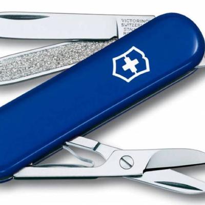 Нож-брелок Classic 58 с отверткой, синий печать логотипа, надписи, принта